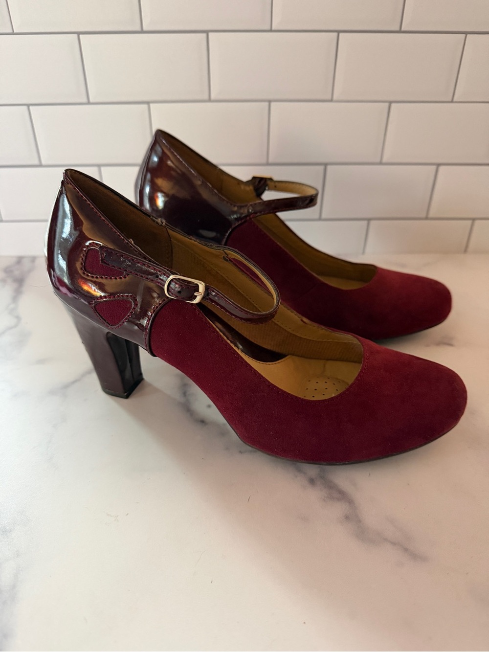 Croft & Barrow Burgundy Suede Mary Jane Pumps Women’s 8.5 Block Heel
